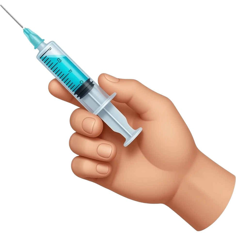A dainty male hand holding a syringe with glowing neon-cyan-blue liquid inside emoji