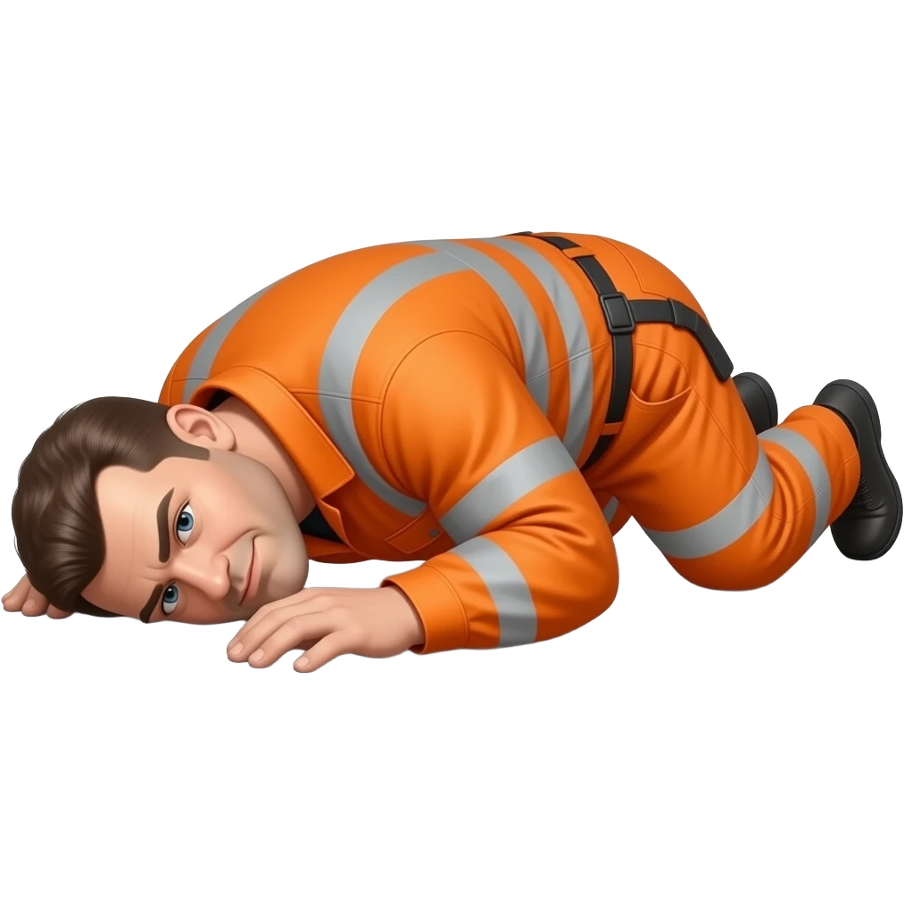 large MAN IN ORANGE HIVIS OVERALLS, laying on floor face down emoji
