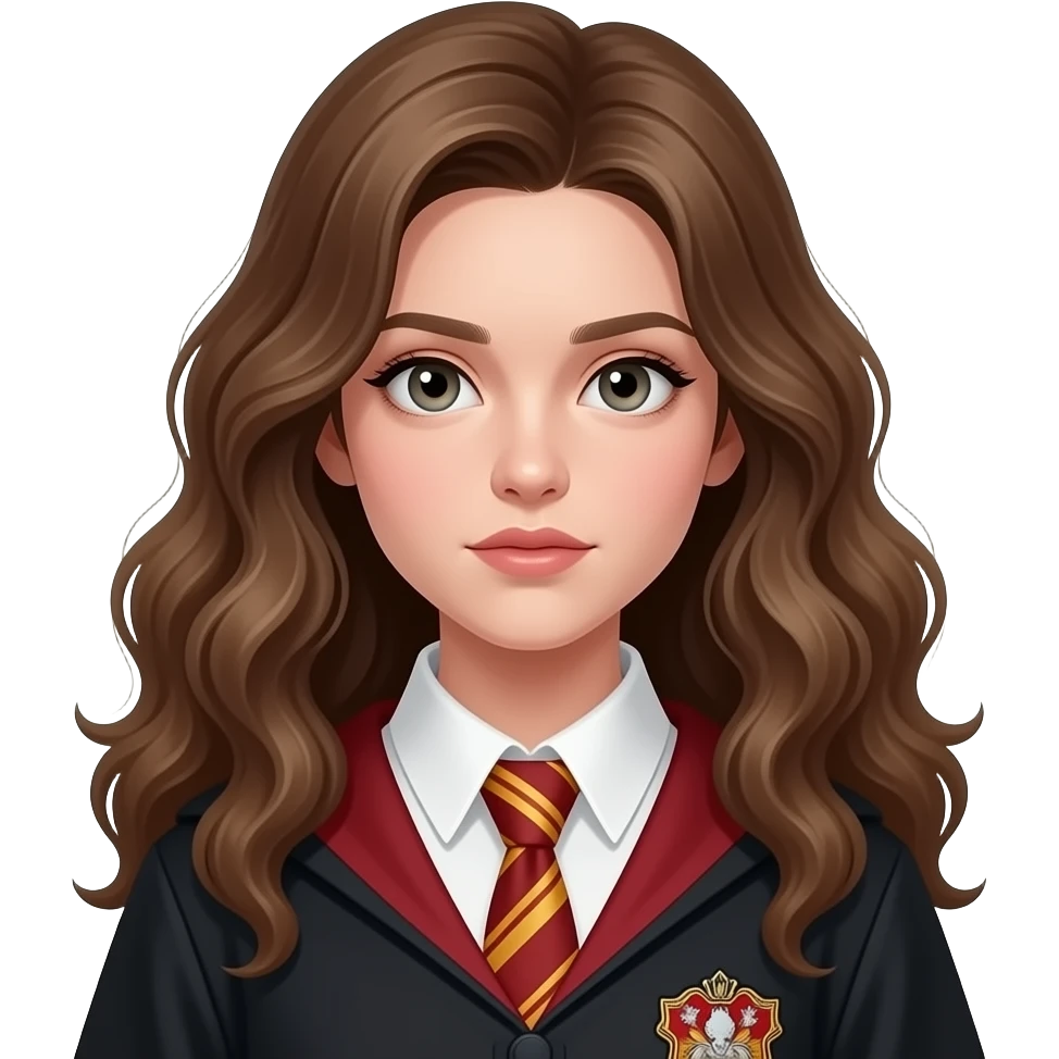 teenage wizard girl, 18-19 years old, thick wavy brown hair, intelligent serious expression, natural makeup, wearing school robe and tie, gold and red colors, head-and-shoulders portrait, centered, 3D glossy emoji style, clean background emoji