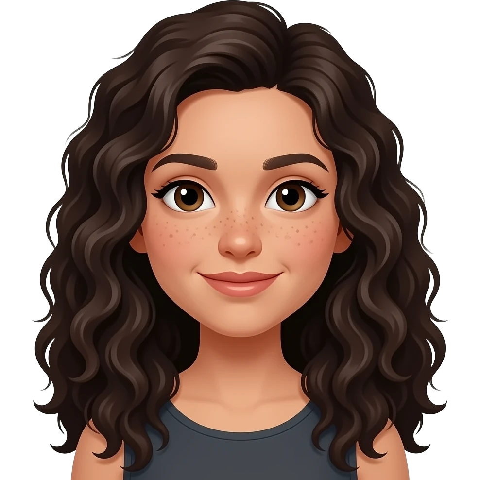 chica algo morena de piel con pelo rizado largo oscuro y un poco de pecas en la nariz emoji