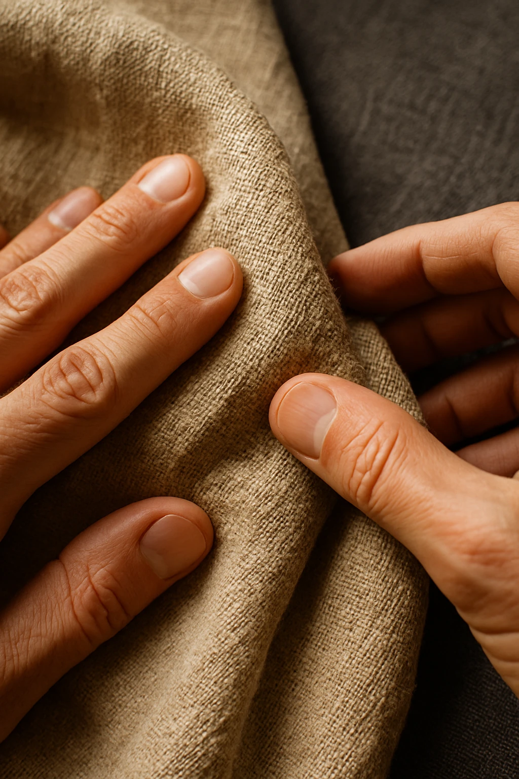 Primo piano di mani che toccano tessuto di lino grezzo, texture naturale dettagliata, colori puri e genuini, luce che rivela la bellezza delle imperfezioni naturali, mentre i sintetici appaiono artificiali e freddi in secondo piano emoji
