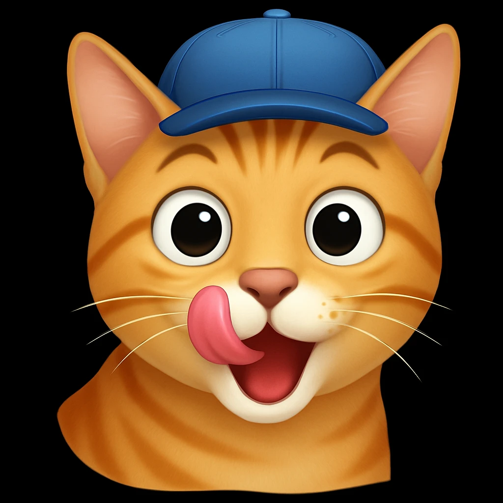 Change the cat's face expression to hungry (licking lips or wide eyes), keeping the blue cap, in emoji style. emoji