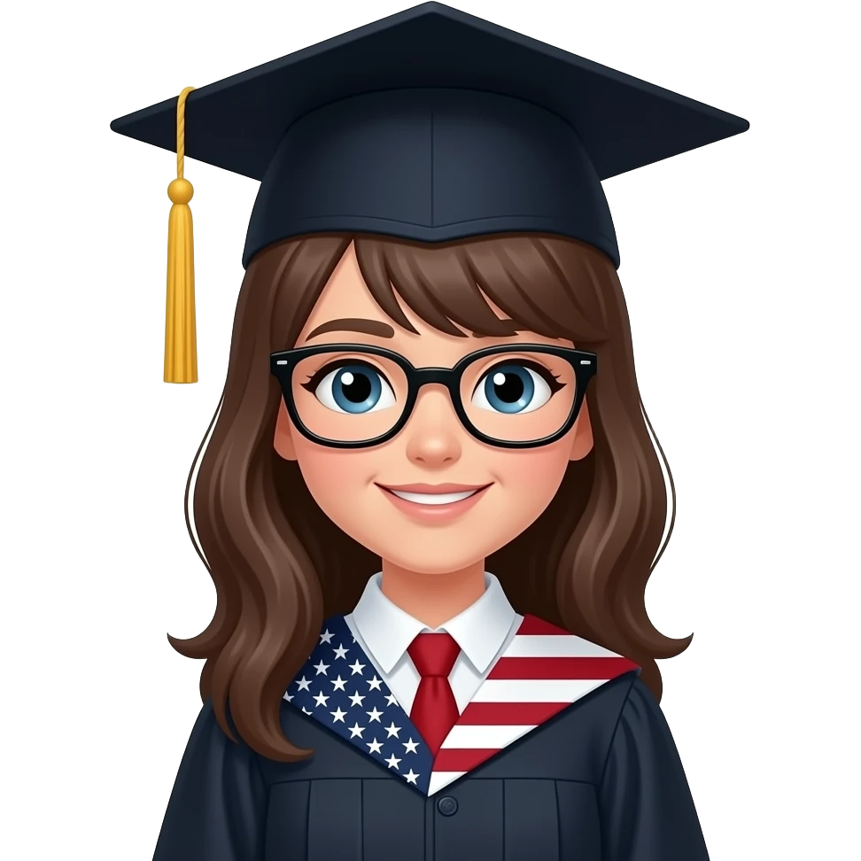 a girl with glasses and a graduate's hat and robes with the US flag emoji