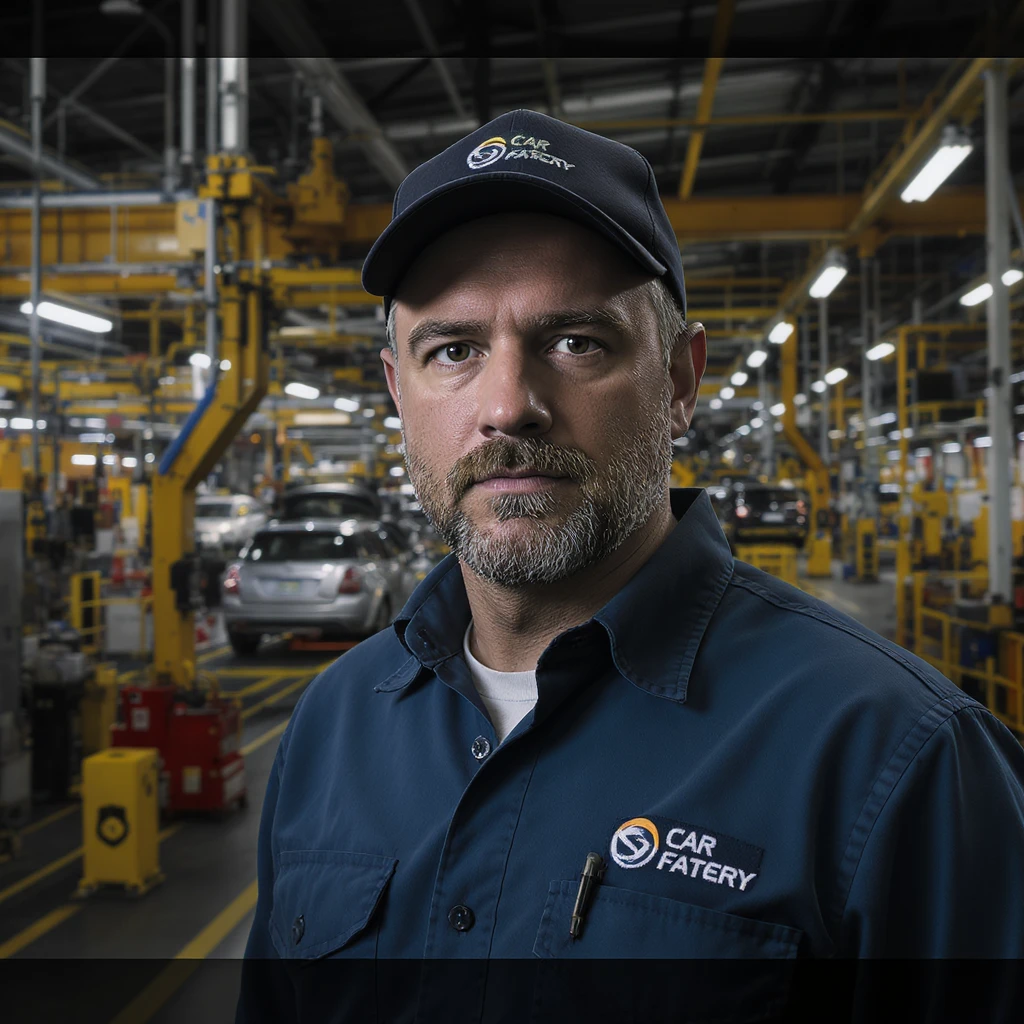 Realistic car factory, detailed machinery, industrial atmosphere, workers in uniforms, assembly lines with cars in production, realistic lighting and shadows, large warehouse-like structure with high ceilings, metal beams, and industrial equipment, realistic style emoji