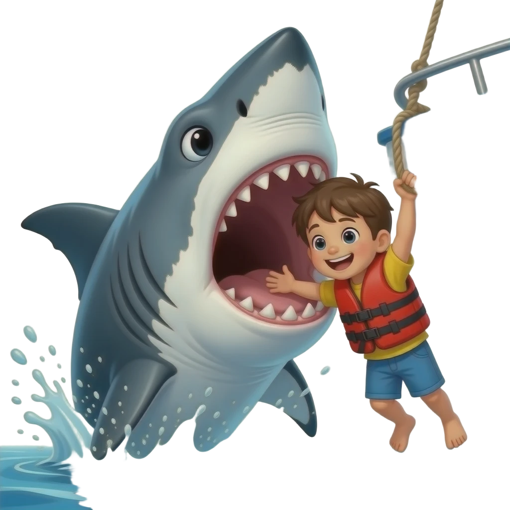 a shark biting a little kid hanging off a boat emoji