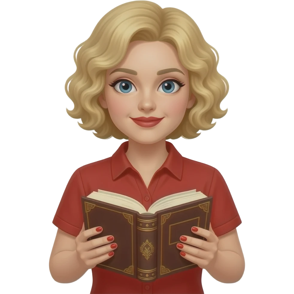 short blonde curly hair bob holding a an brown antique book in hands with red finger nails, red short sleeve shirt and red lipstick emoji