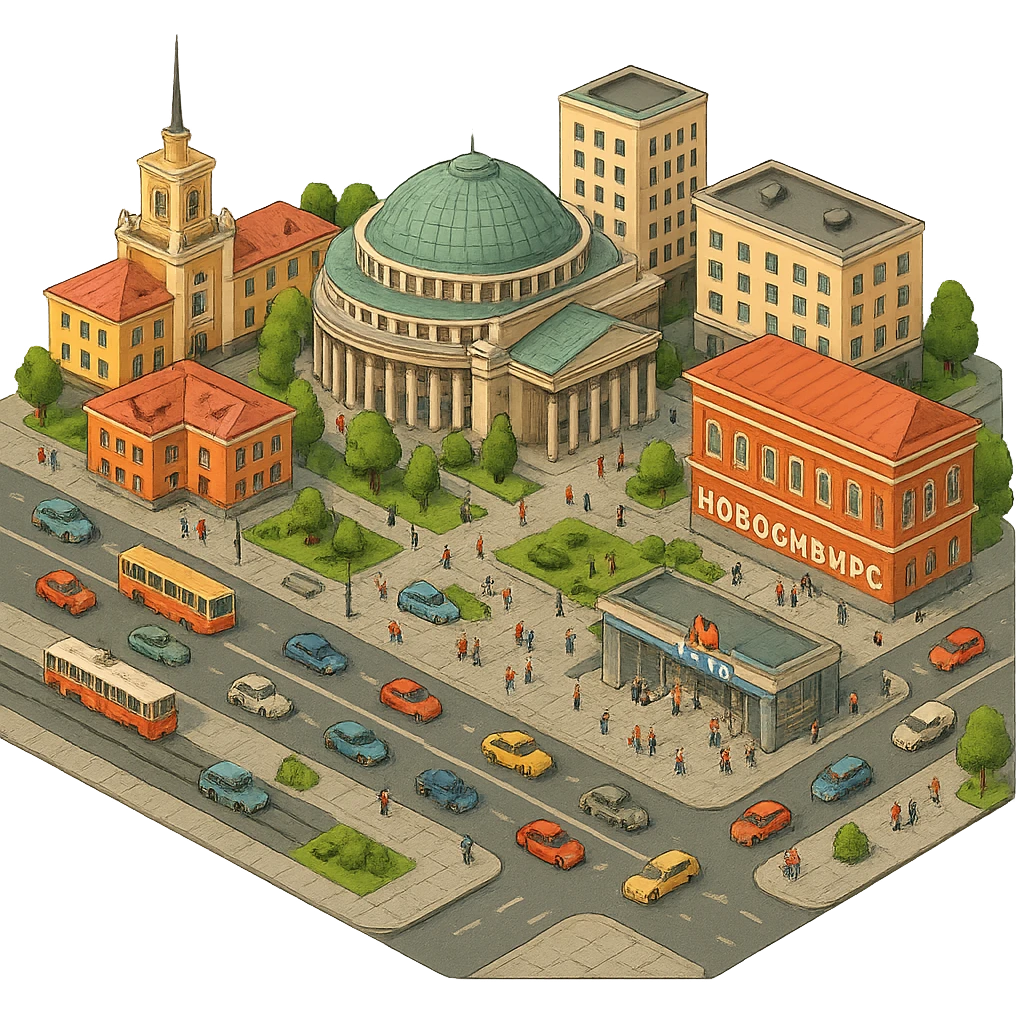 Изометричная миниатюрная фотореалистичная 3D модель Новосибирска, четкая детализация, яркие цвета, мультяшный реализм, люди, автотранспорт и метро, компактная композиция, вид сверху в изометрии, прозрачный фон emoji