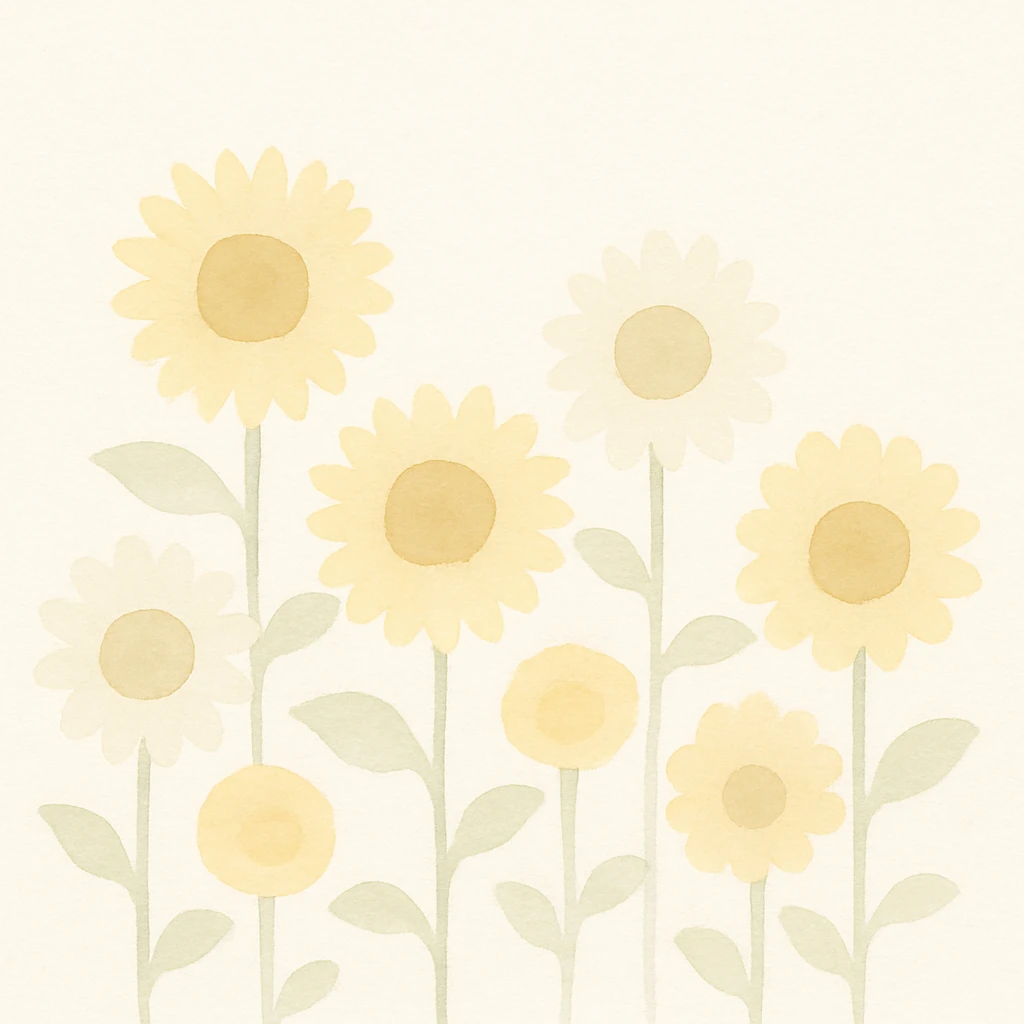 campo de girasoles amarillos con algunos girasoles blancos, estilo acuarela, colores suaves y pinceladas visibles, fondo natural emoji