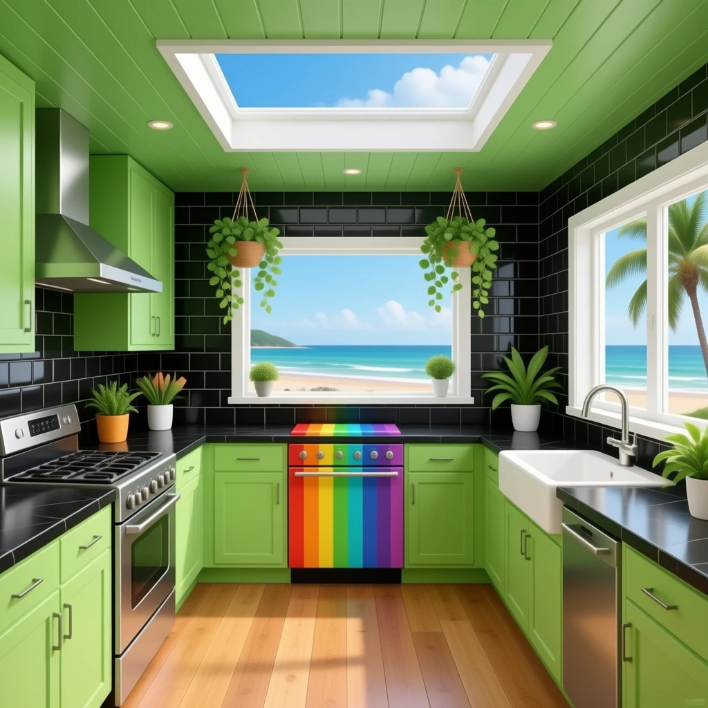 fancy kitchen with black wall tiles, lime green cabinets, rainbow metal appliances and rainbow sink, black countertops, wood floors, leaf green colored ceiling with a skylight, hanging decorative plants from the ceiling and views of the beach emoji