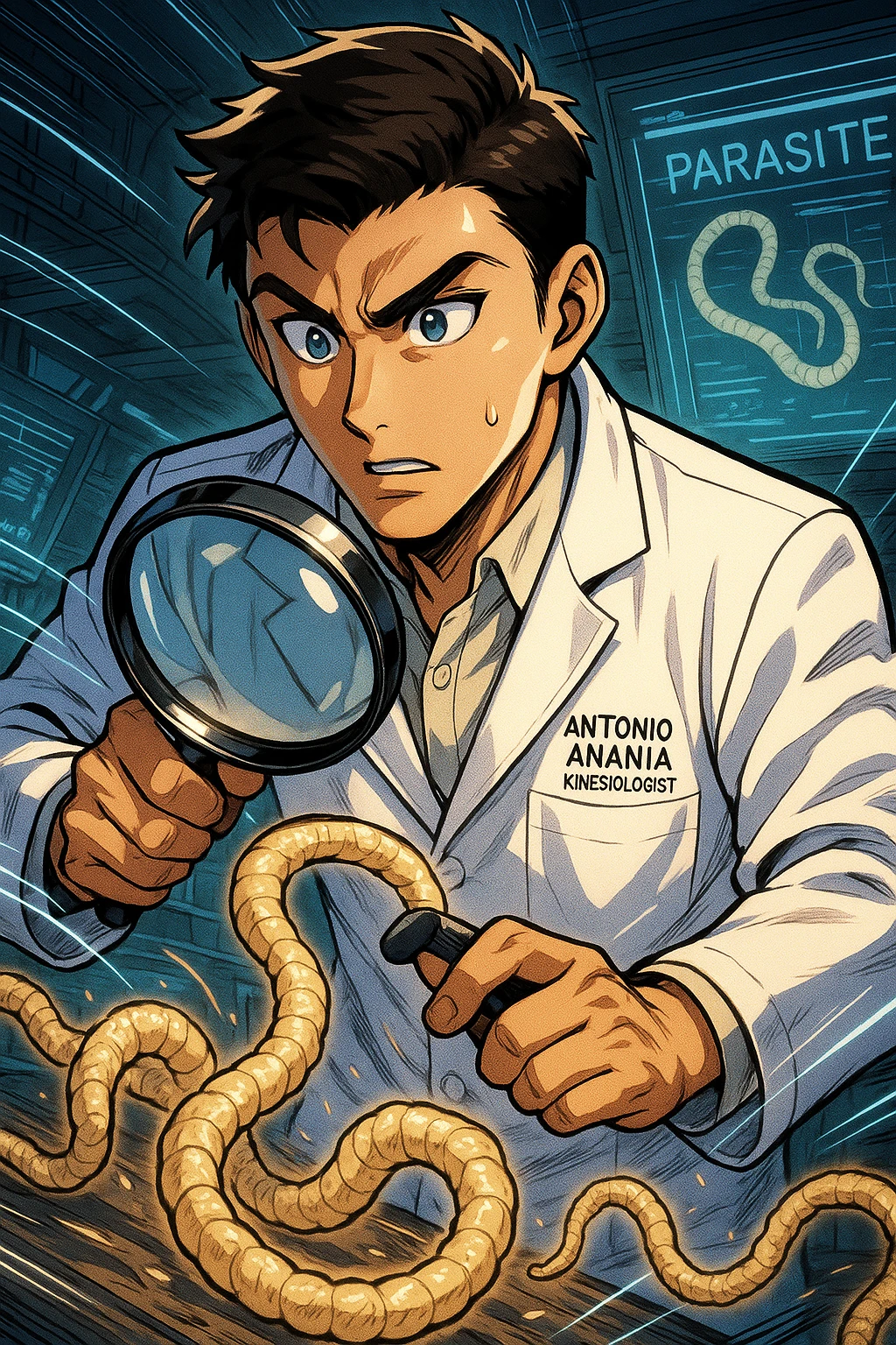 A dynamic manga/webtoon-style illustration of a young male kinesiologist wearing a clean white lab coat, analyzing light beige worms like a tapeworm under a magnifying glass. His expression is focused and slightly intrigued, with sharp, detailed eyes. The art style is vibrant, with bold linework, rich colors, and dramatic lighting. The background is a futuristic laboratory with glowing holographic screens displaying parasite data. The tapeworm is intricately drawn, slimy and segmented, with a slightly exaggerated yet realistic texture. The composition is dynamic, with motion lines or energy effects to emphasize his scientific investigation. The atmosphere is intense but not dark, keeping a balance between scientific seriousness and stylish manga aesthetics, he has "ANTONIO ANANIA" WRITTEN ON WHITE LAB COAT emoji