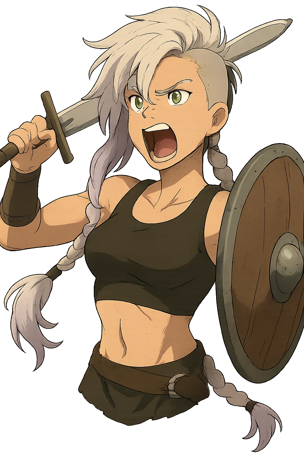 A sword maiden, mohawk, long braid white hair with lavender and tips long messy bangs one side, gold yellow eyes, black crop top, brandishing an arming sword and a shield, roaring! rah! emoji