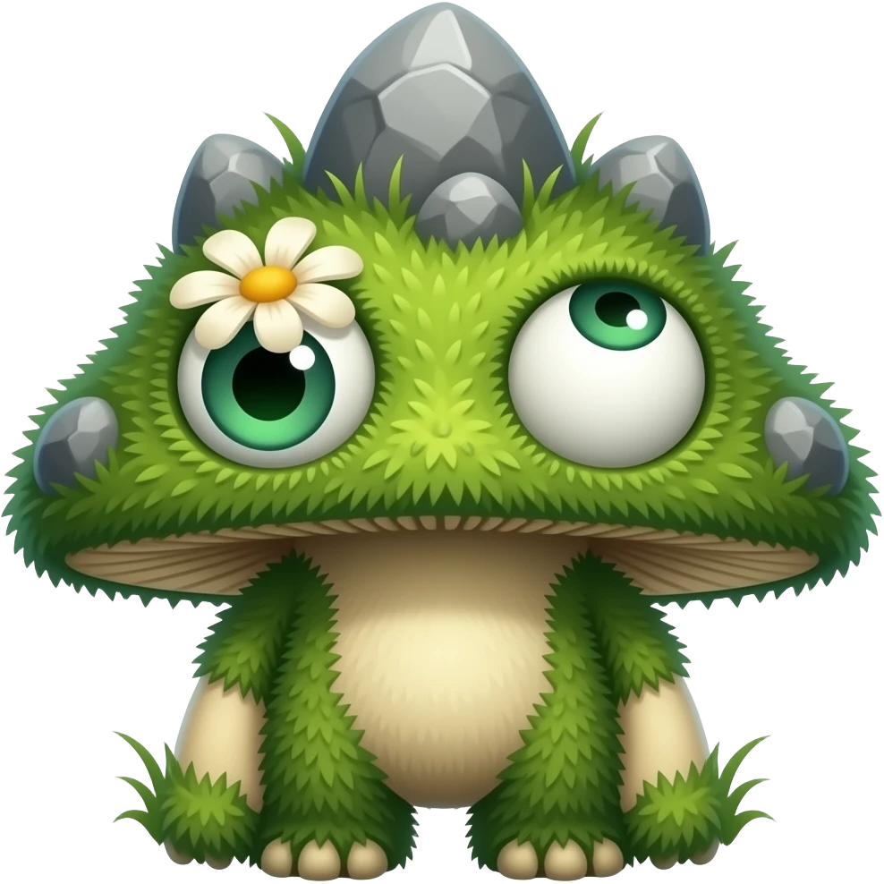 Weird mushroom creature small with rocks growing on its back with one shingle green eye with a flower growing on it with grass on its whole body emoji