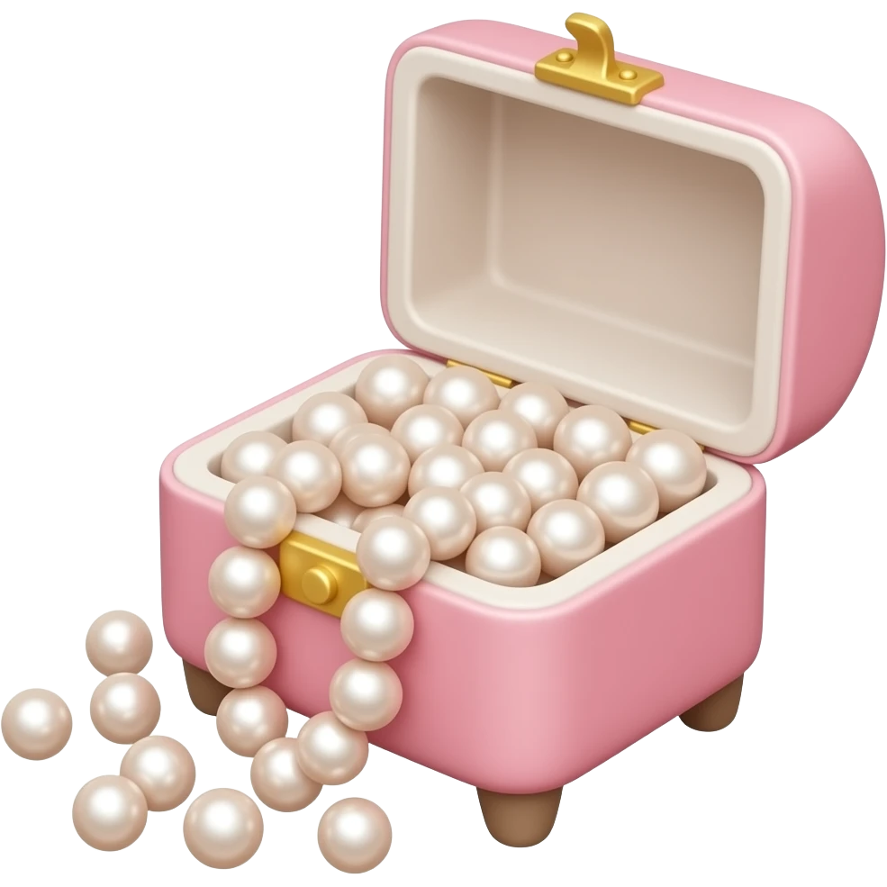 A jewelry box pink  with legs filled with pearl beads of various sizes, some of which are spilling out emoji