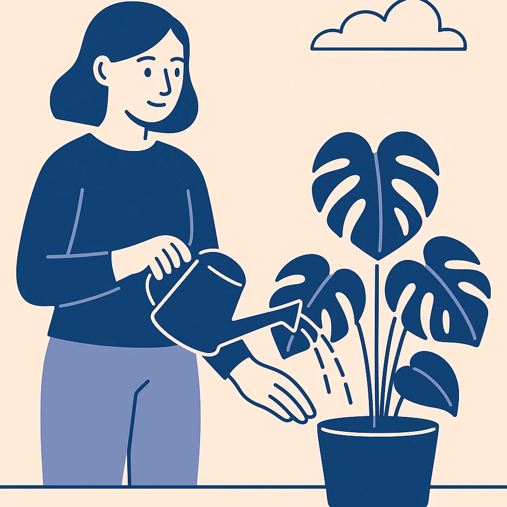 woman watering her monstera plant emoji