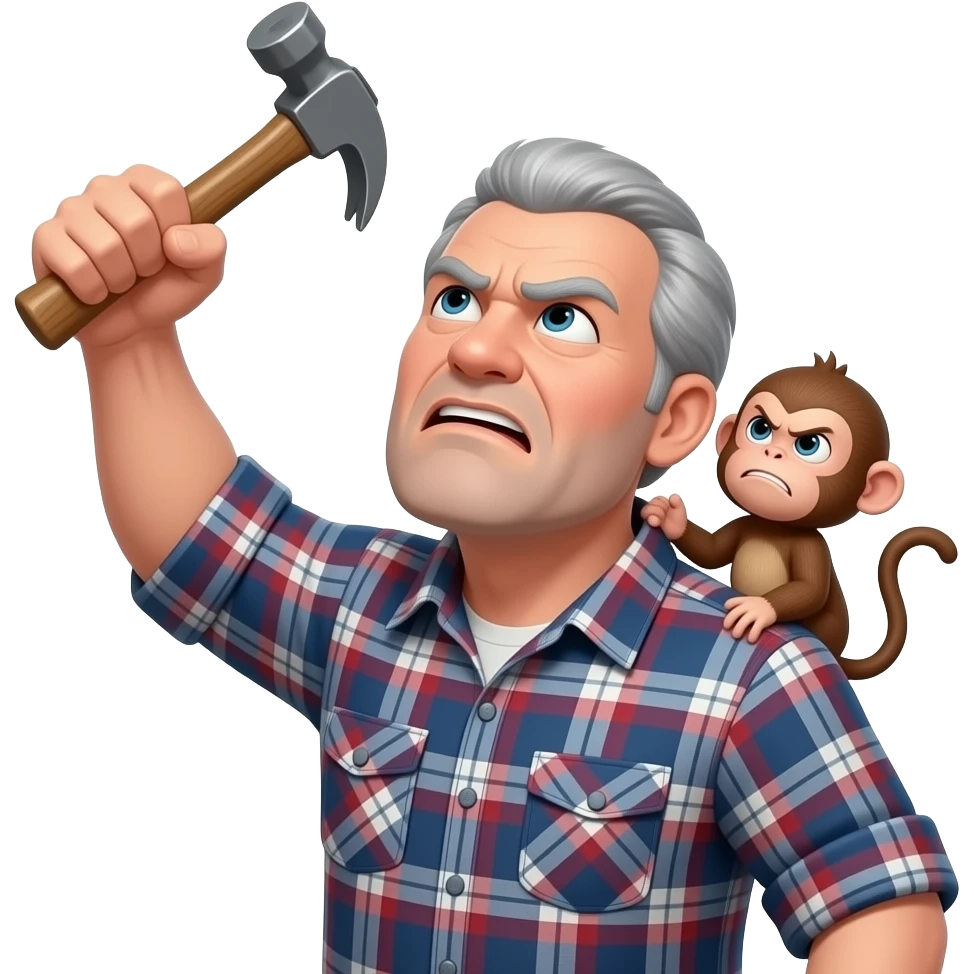 grumpy angry old man wearing a plaid shirt with with grey hair and no beard or mustache looking at the sky and shaking his fist at the sky with a hammer in his left hand and an angry baby monkey on his shoulder emoji