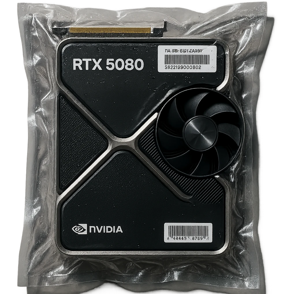vacuum-sealed Nvidia RTX 5080 GPU, tightly wrapped and glossy emoji