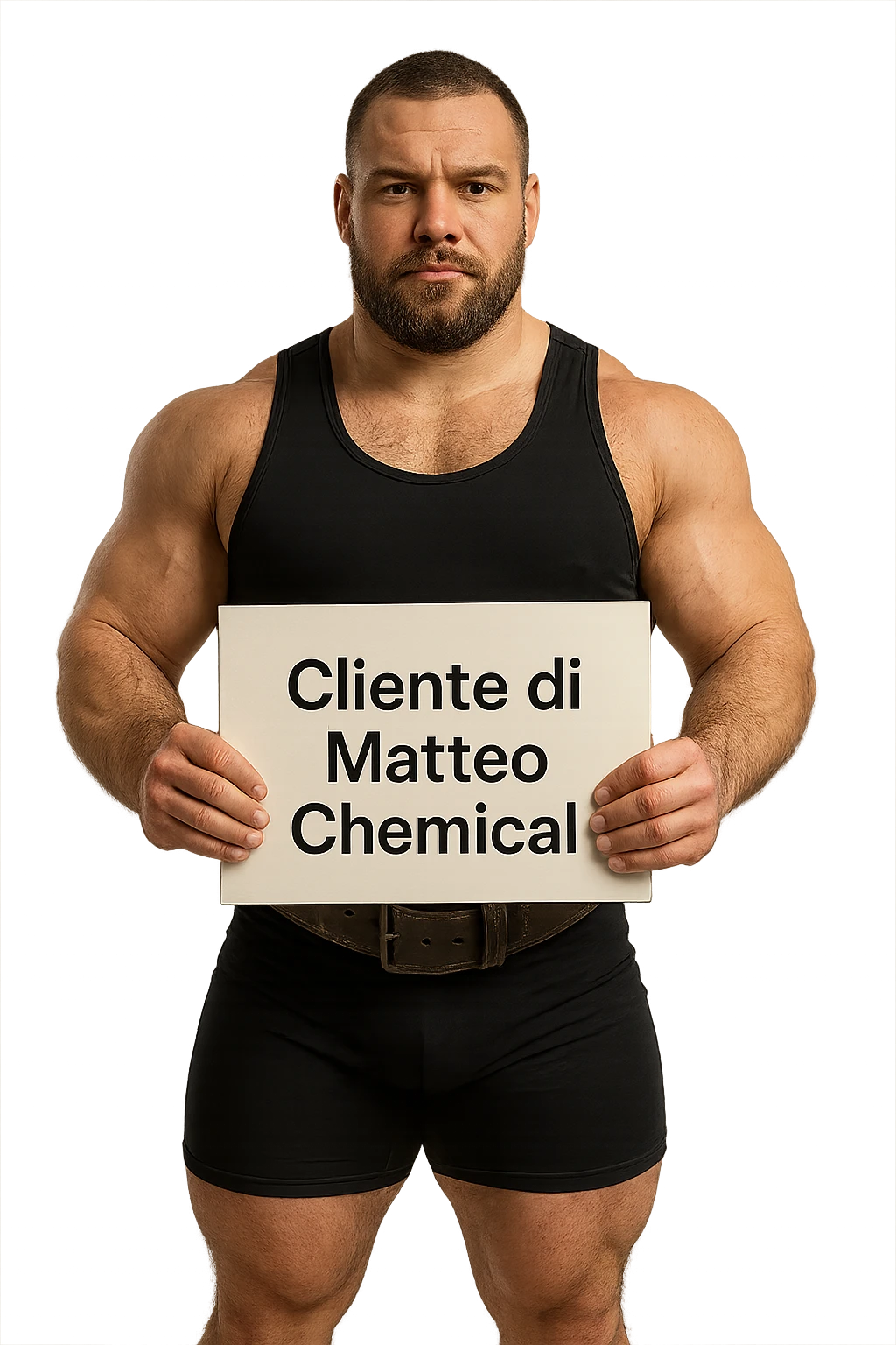 Powerlifter con in mano una targa o un foglio con scritto "Cliente di Matteo Chemical" emoji