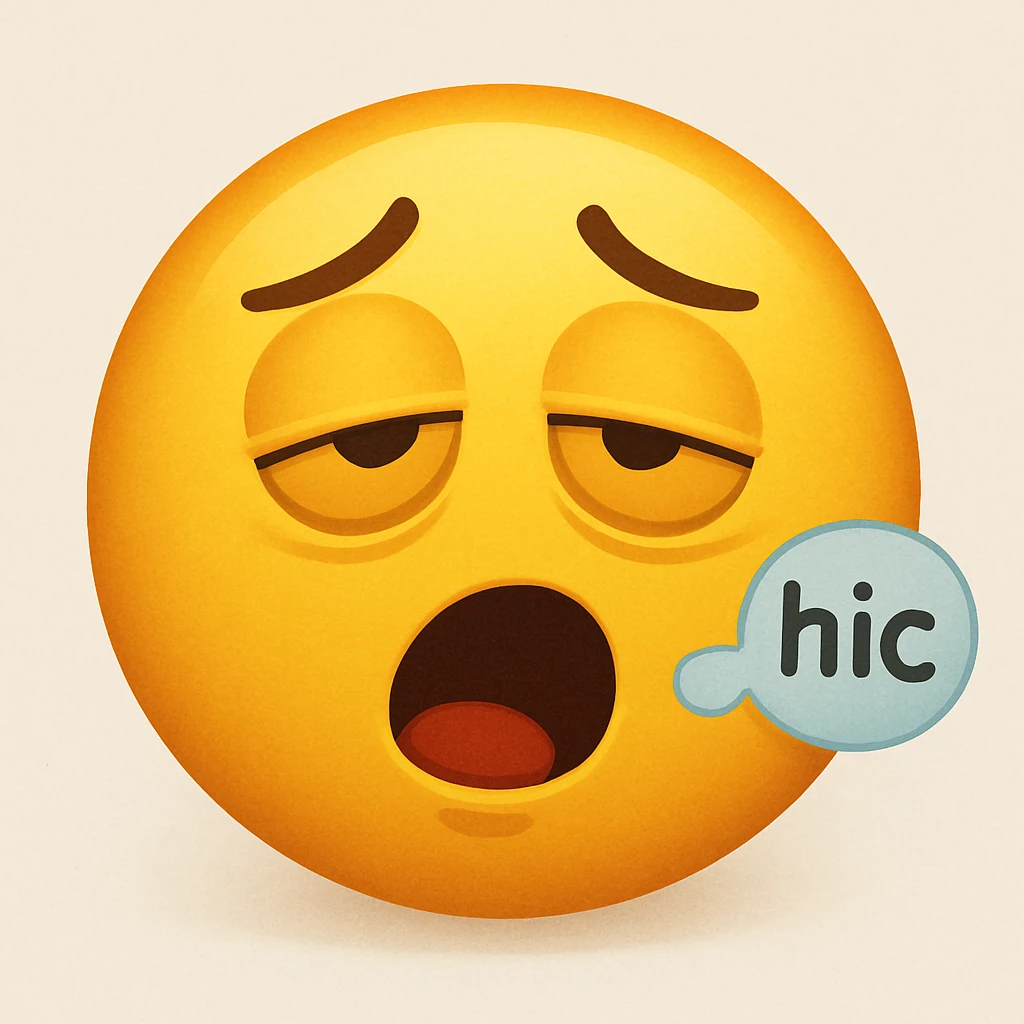 yellow face with droopy eyelids, open mouth, hiccup bubble, drunk expression emoji