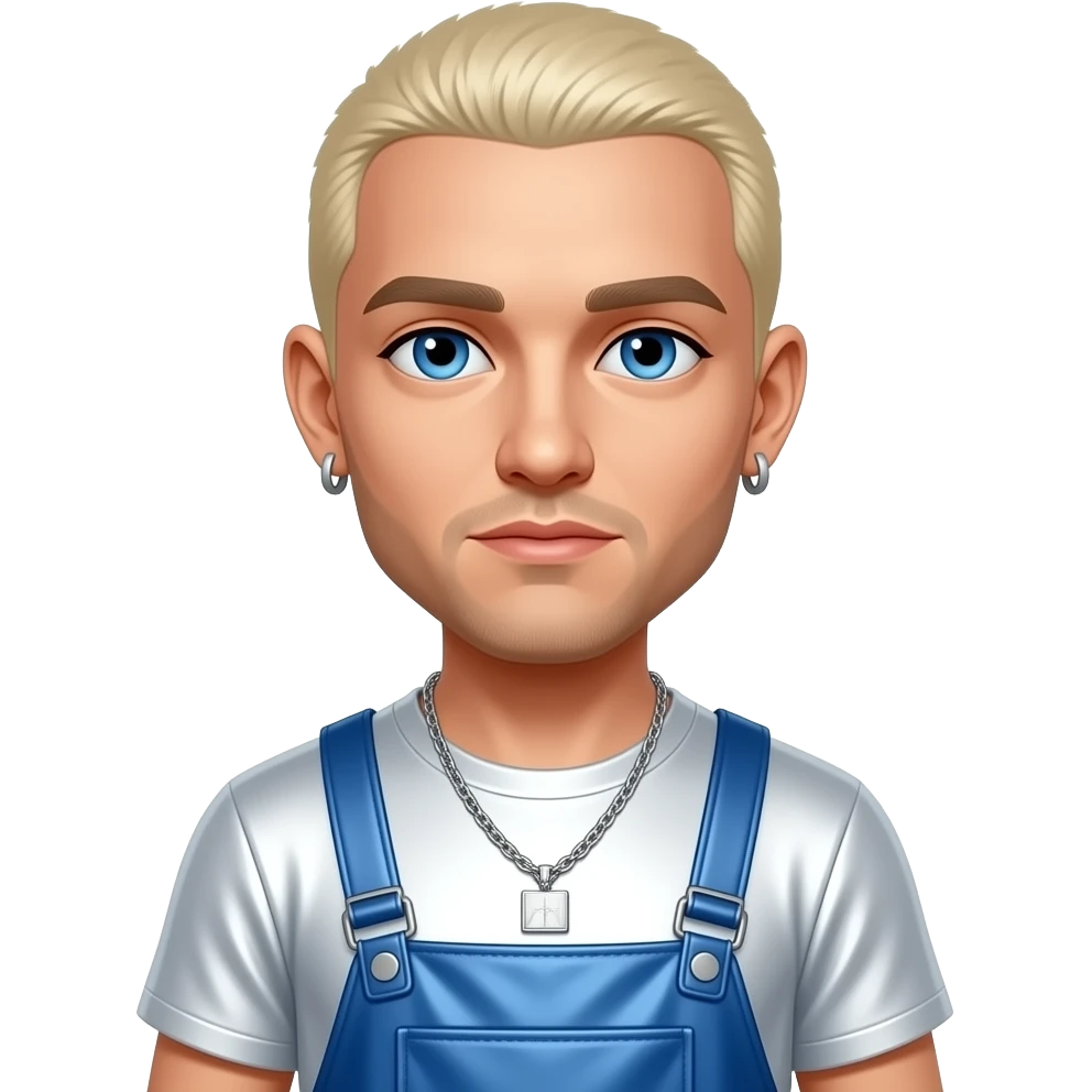 Eminem with blue eyes, blonde short buzz hair, white metallic t-shirt, blue metallic baggy pants, silver necklace and earrings emoji