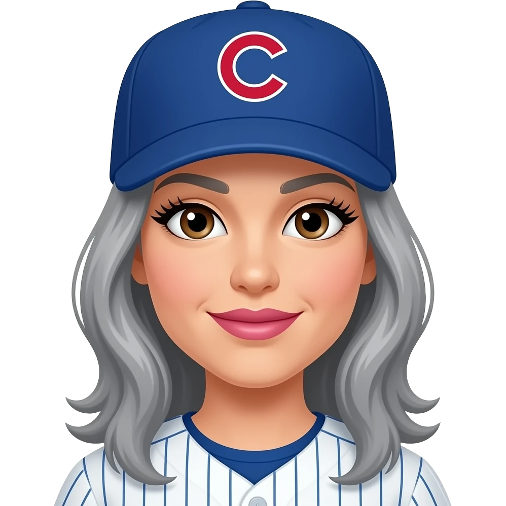 Chicago cubs fan woman,  gray layered shorthair, brown eyes pink lips long lashes emoji