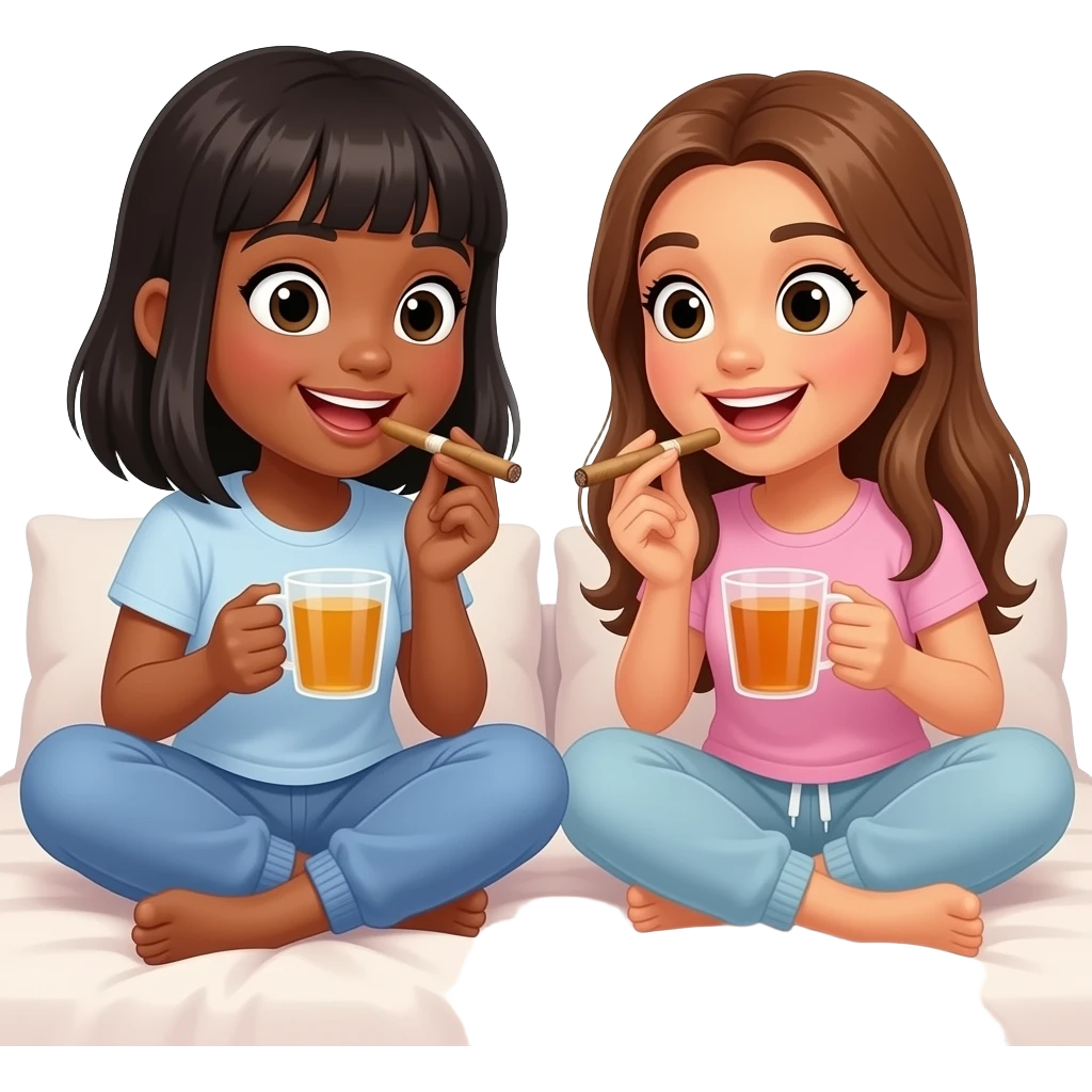A black girl with bangs and shoulder length hair and a Hispanic girl with long light brown hair gossiping while smoking blunts and drinking tea out of tea cups and wearing sweats laying on a bed. We both have surprised smiling look on our face emoji
