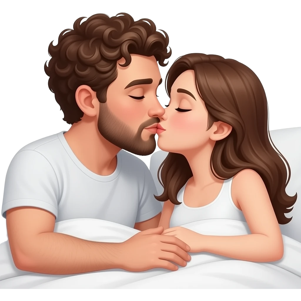 Realistic white man brown super short curly hair with beard kissing in bed realistic white girl brown hair emoji