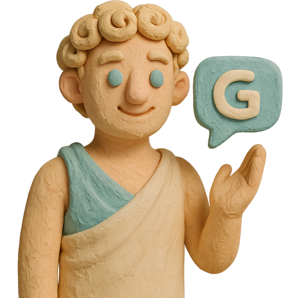claymation style Greek chatbot with curly hair and toga in pastel colors emoji