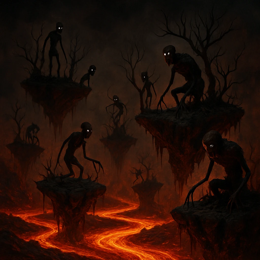 a surreal hell scene with floating islands, bizarre creatures, and fiery rivers emoji
