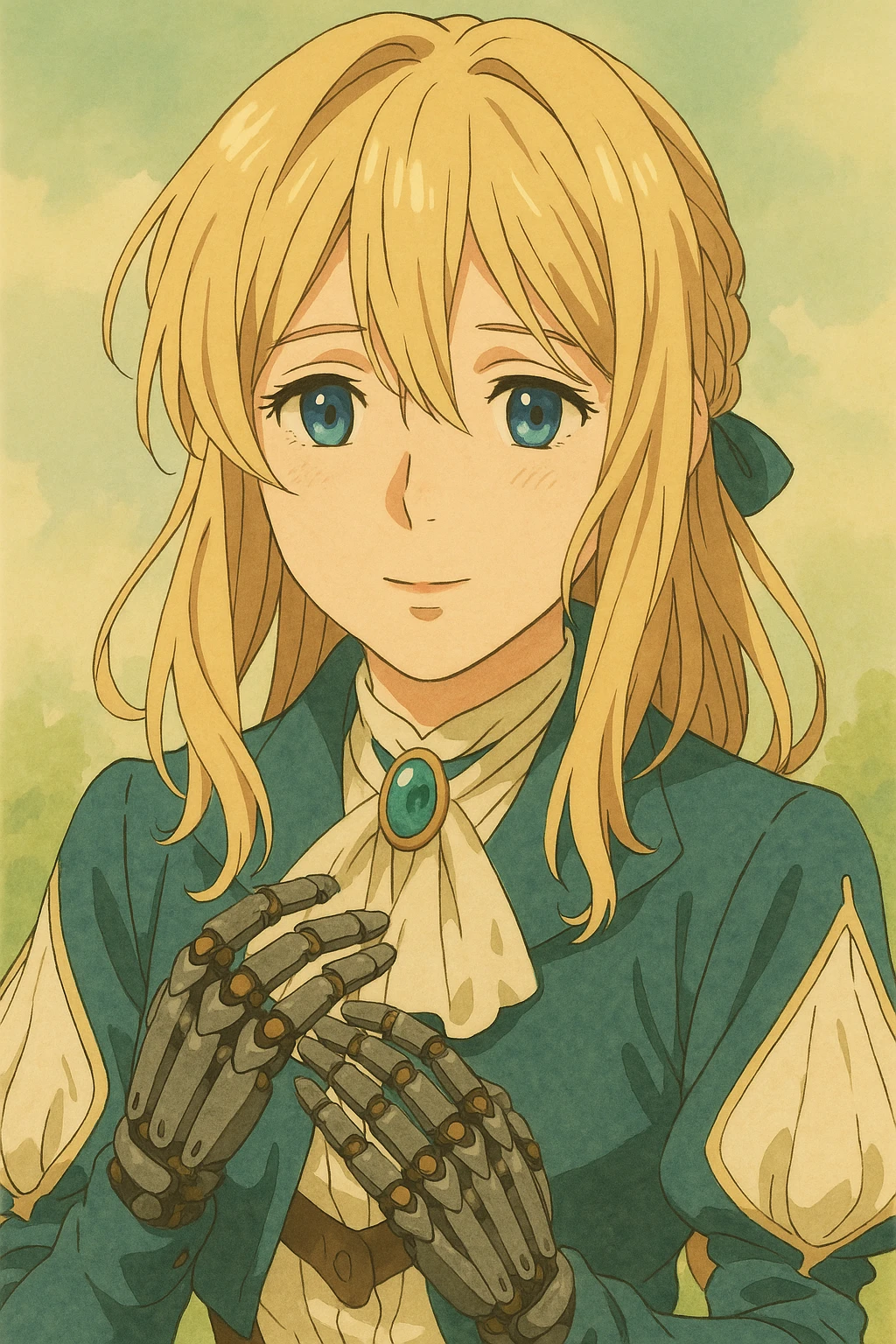 Violet Evergarden, close-up portrait, gentle expression, mechanical hands visible, soft pastel anime style emoji