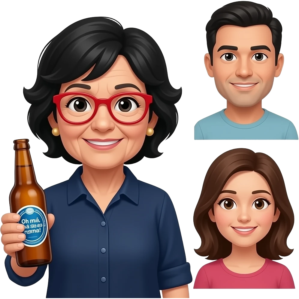 mulher, 60 anos, cabelo preto, olhos pretos , de óculos vermelhos, blusa azulão escuros, a segurar garrafa de cerveja com logo a dizer "Oh mãe, há só uma!" em português. No fundo, a rirem-se muito, homem 40 anos, cabelo escuro, mulher 35 anos cabelo castanho. emoji