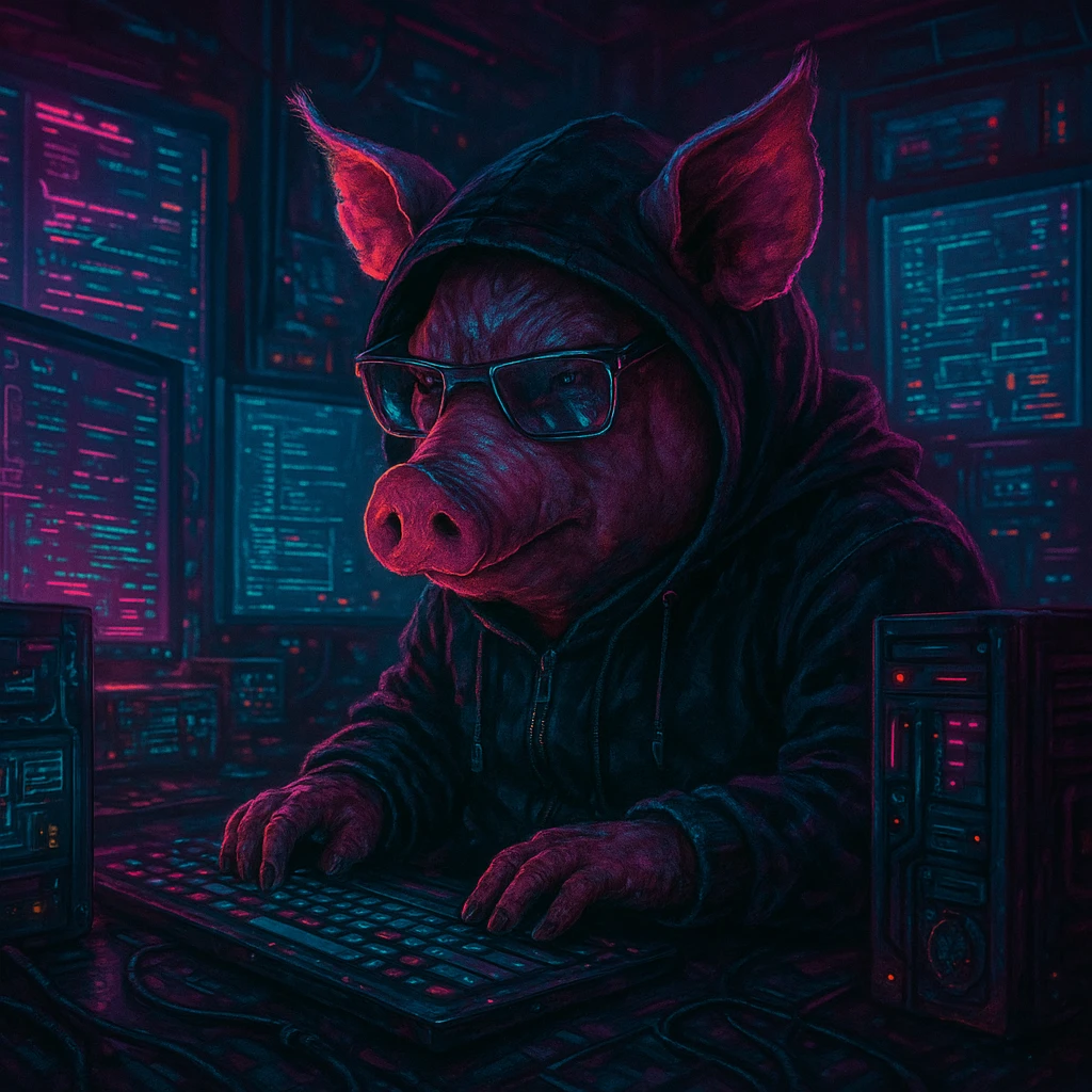 a pig hacker in a dark room, glowing screens, cyberpunk style, neon lights, futuristic, moody atmosphere emoji