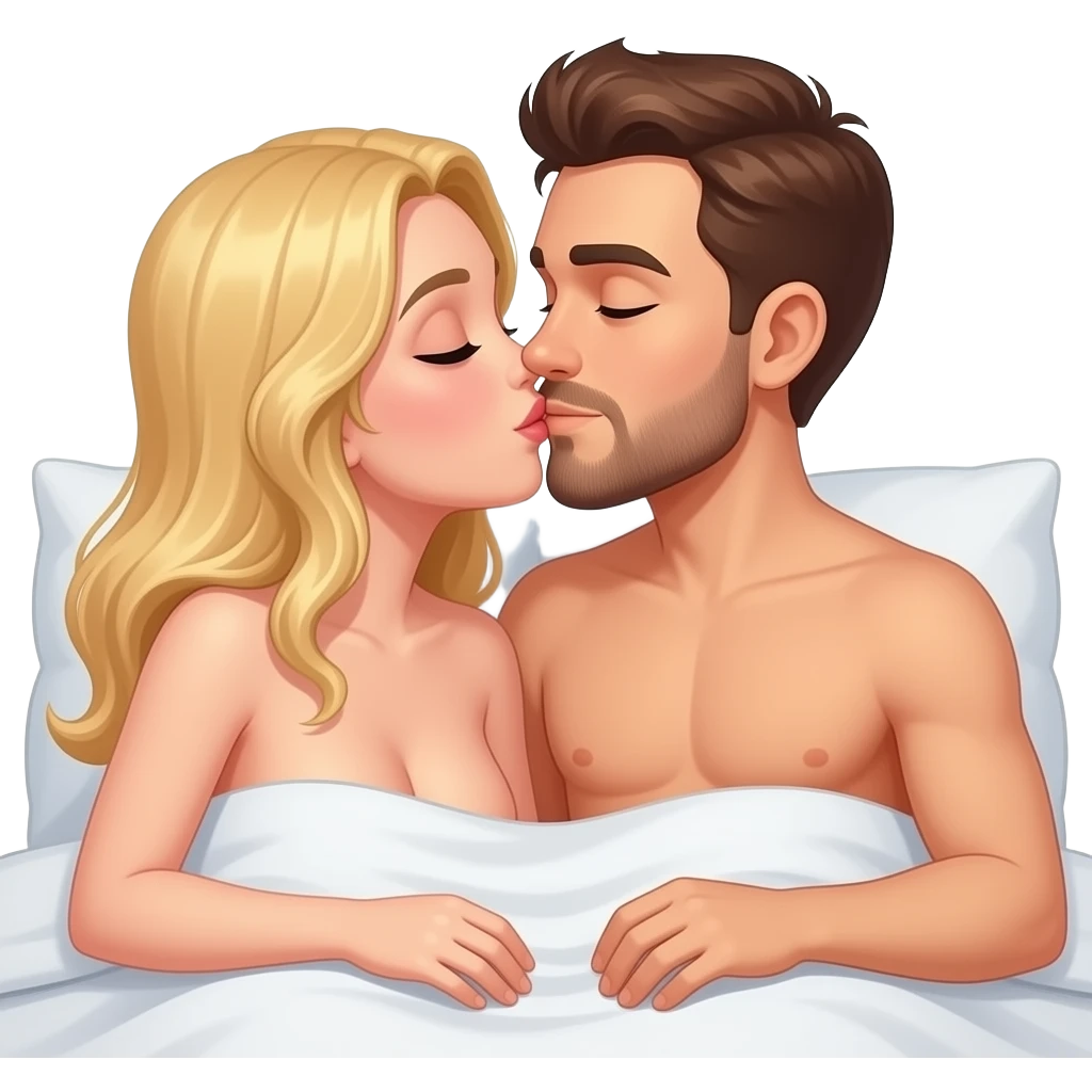 naked woman with blonde hair kissing naked man with brown hair and beard in bed emoji