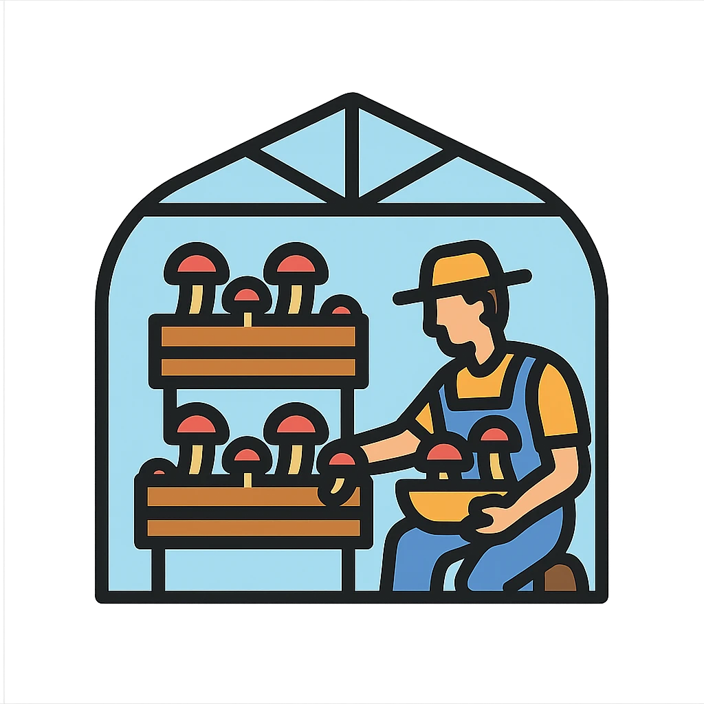 fungi farm scene showing a farmer harvesting mushrooms from raised beds inside a modern greenhouse, flat vector icon style emoji