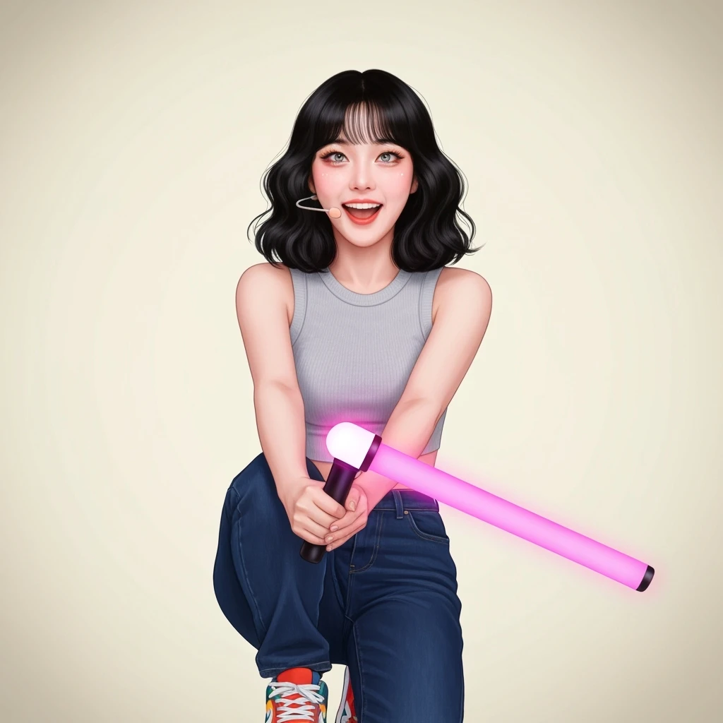 kpop girl with lightstick, cute, expressive, minimal emoji