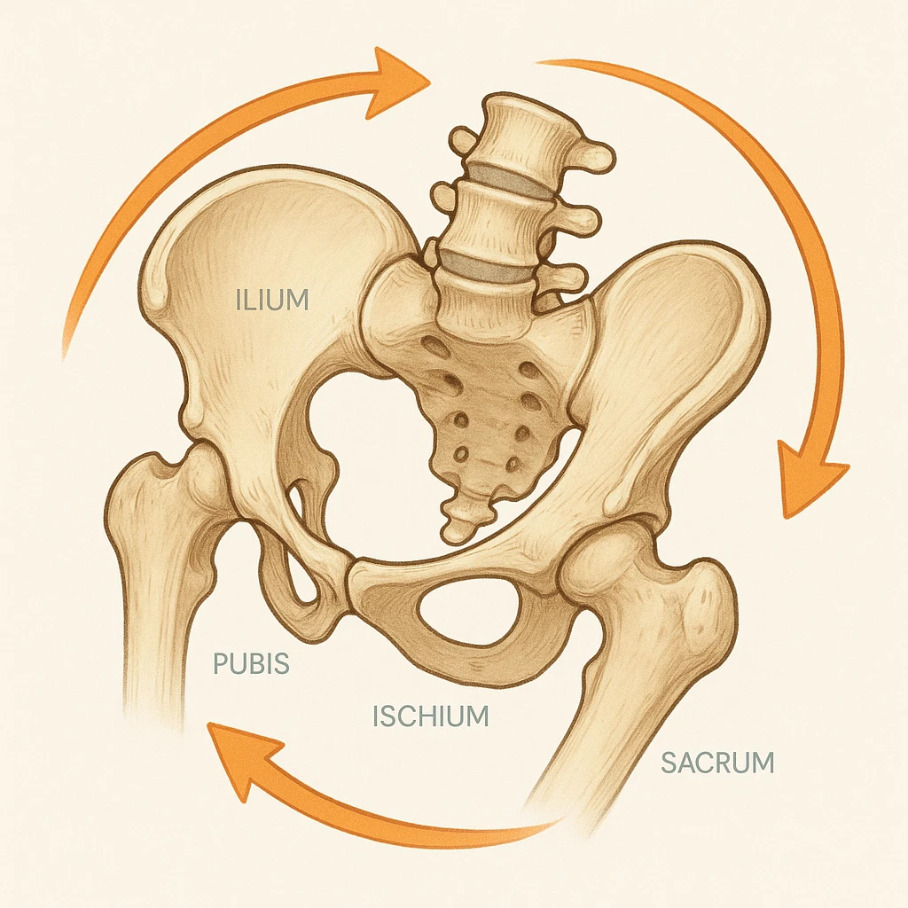 anatomical pelvis, rotated clockwise, with arrows circling to the right to indicate the direction, clear educational illustration, medical style, clean and easy to understand emoji