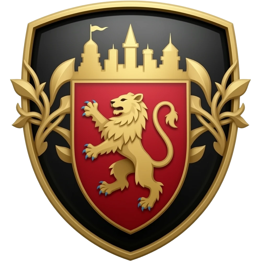 Crest, black, red gold skin city country club with a lion in the middle emoji
