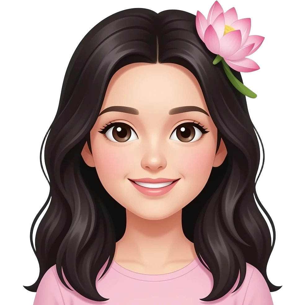 Create an emoji of a girl with beautiful, long, stylish black hairs. Her skin complexion is fair, a pink lotus secured in her hair. She smiles gently. emoji