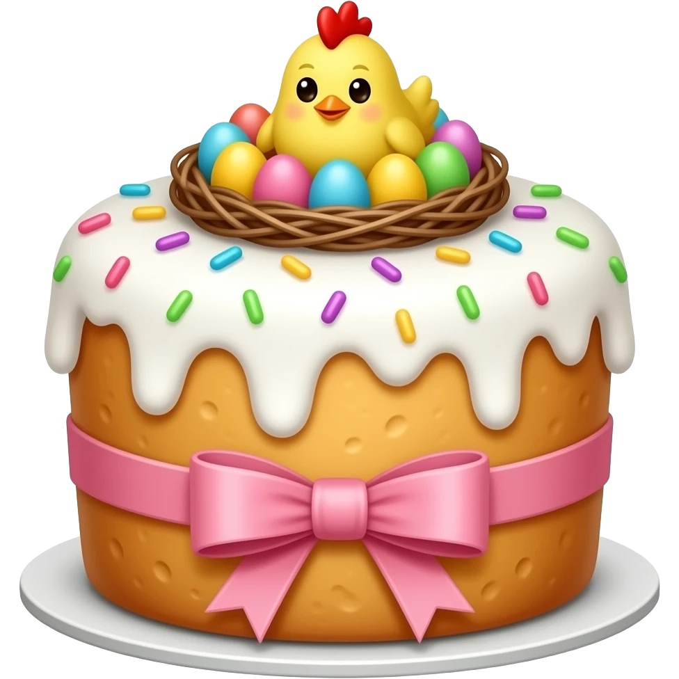 Выпечка итальянская Colomba золотистого цвета, высокий, с белой глазурью с разноцветной  посыпкой,  с ленточкой вокруг светло розового цвета и украшением сверху в виде гнездышка с очень мелкими  яичками пастельных, желтым пушистым птенчиком с красным гребешком emoji