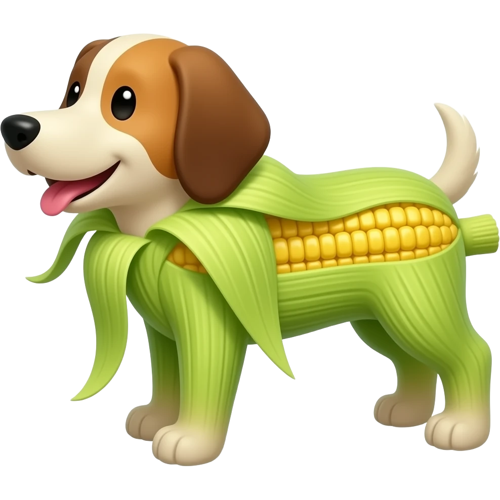 a dog cartoon made out of corn on the cob with husks but without the stem. emoji