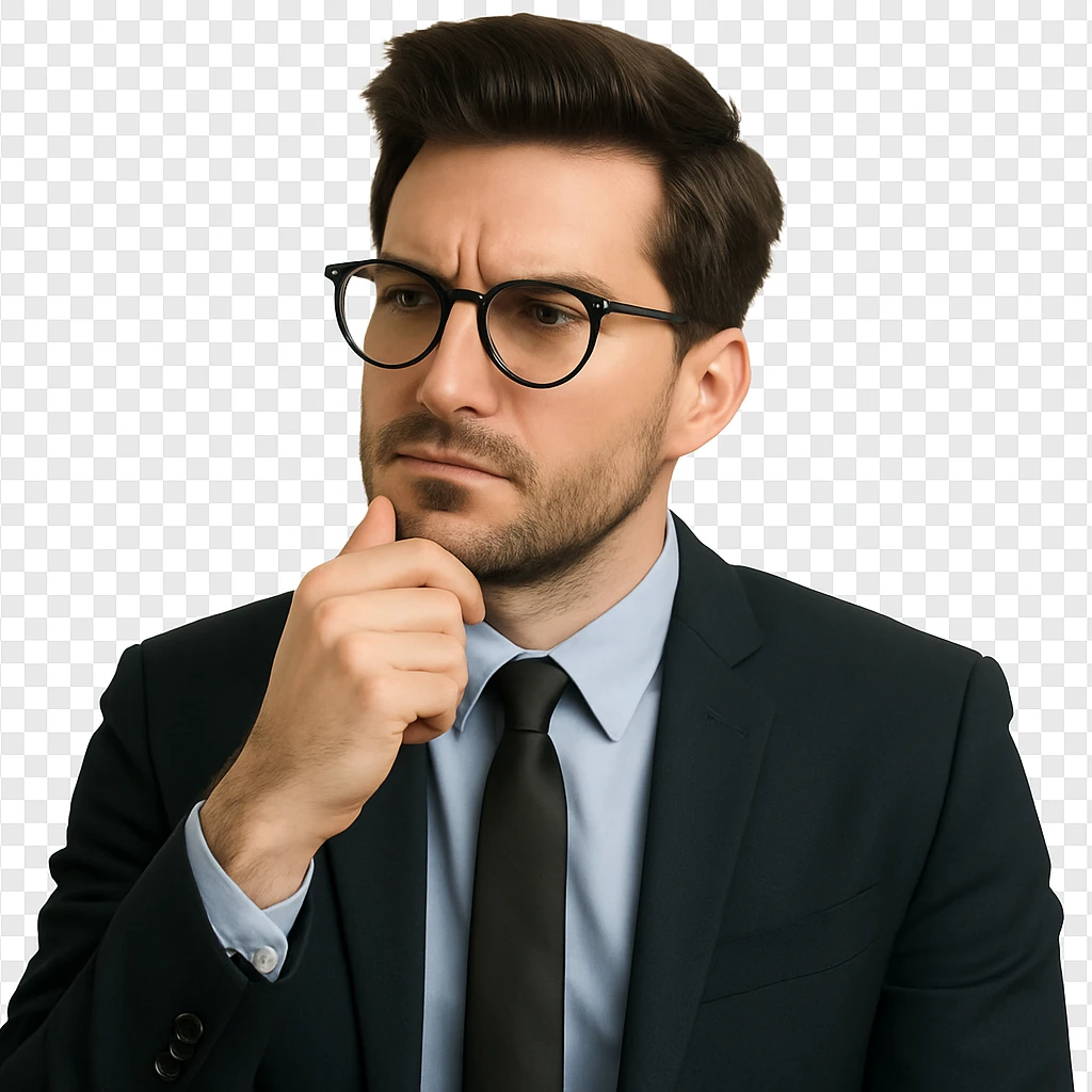 Remove the background from the image, keeping the intelligent man with a thoughtful, professional look, wearing glasses, with a modern hairstyle, showing upper body only, on a transparent background. Maintain a clean and clear appearance suitable for professional use. emoji