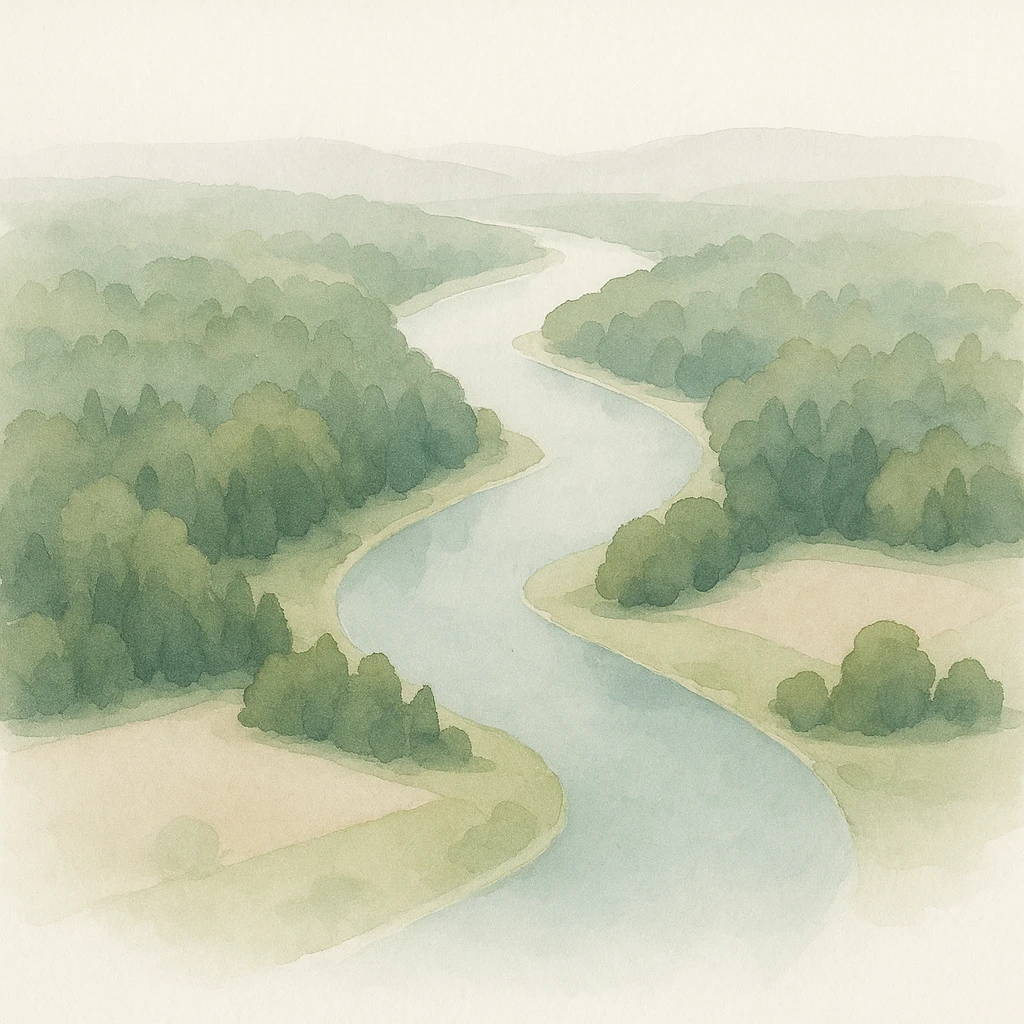 aerial view of a nature landscape with a river, surrounded by forests and fields, watercolor art style emoji