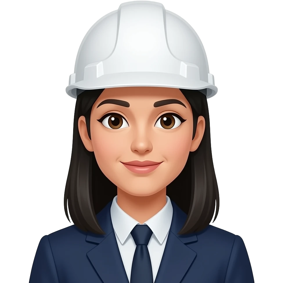 Mujer ingenieria industrial cabello negro largo debajo de los hombros y liso, casco blanco emoji