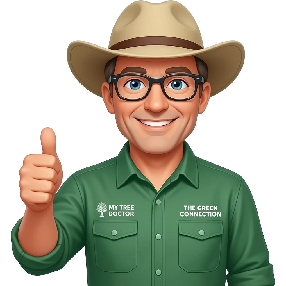 wide-smiling middle-aged man blue eyes. Dark rectangle glasses, green-collared, long-sleeve shirt, thumbs up.  Wide-brim Australian Akubru hat.  Insert 'THE GREEN CONNECTION' in white directly onto the right side pocket & 'MY TREE DOCTOR' onto the left side pocket emoji