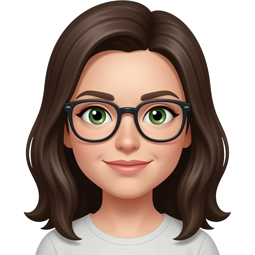 Julie with green eyes and ONE large freckle on forhead over LEFT eyebrowwith glasses emoji