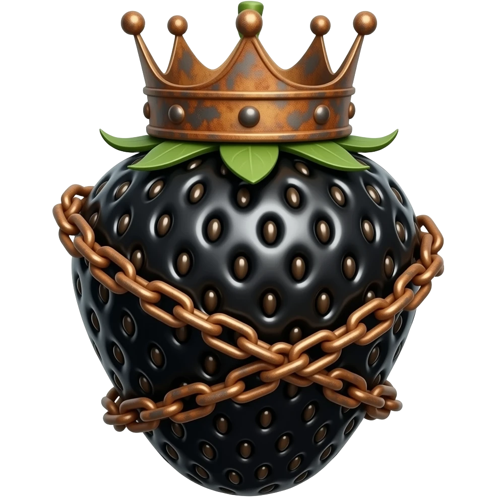 a black strawberry that has a rusty, richly decorated royal crown instead of a stem. A crown of thorns is wrapped around the strawberry's body and a rusty bronze chain is spinning around its body emoji