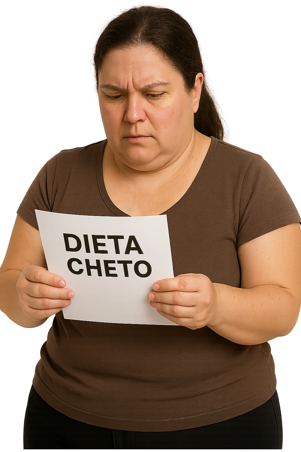 donna realistica leggermente in sovrappeso che legge un foglio con la scritta "dieta Cheto", sfondo bianco, iperrealistica 4k, IPERREALISTICA 4K emoji