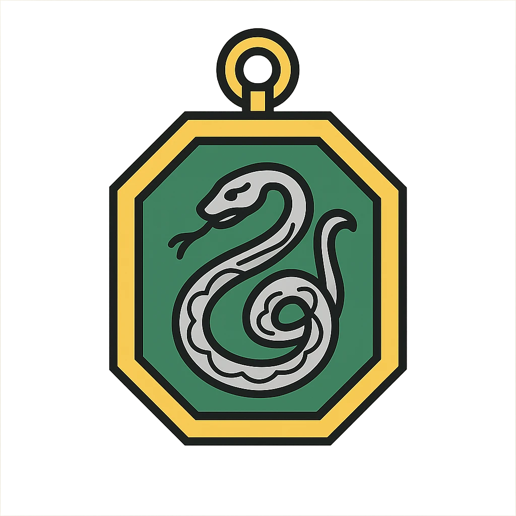 digital sticker of a Slytherin locket with ornate silver and green details, semi-realistic vector art style, clean outlines, flat colors, slight shadows, for a sticker sheet emoji