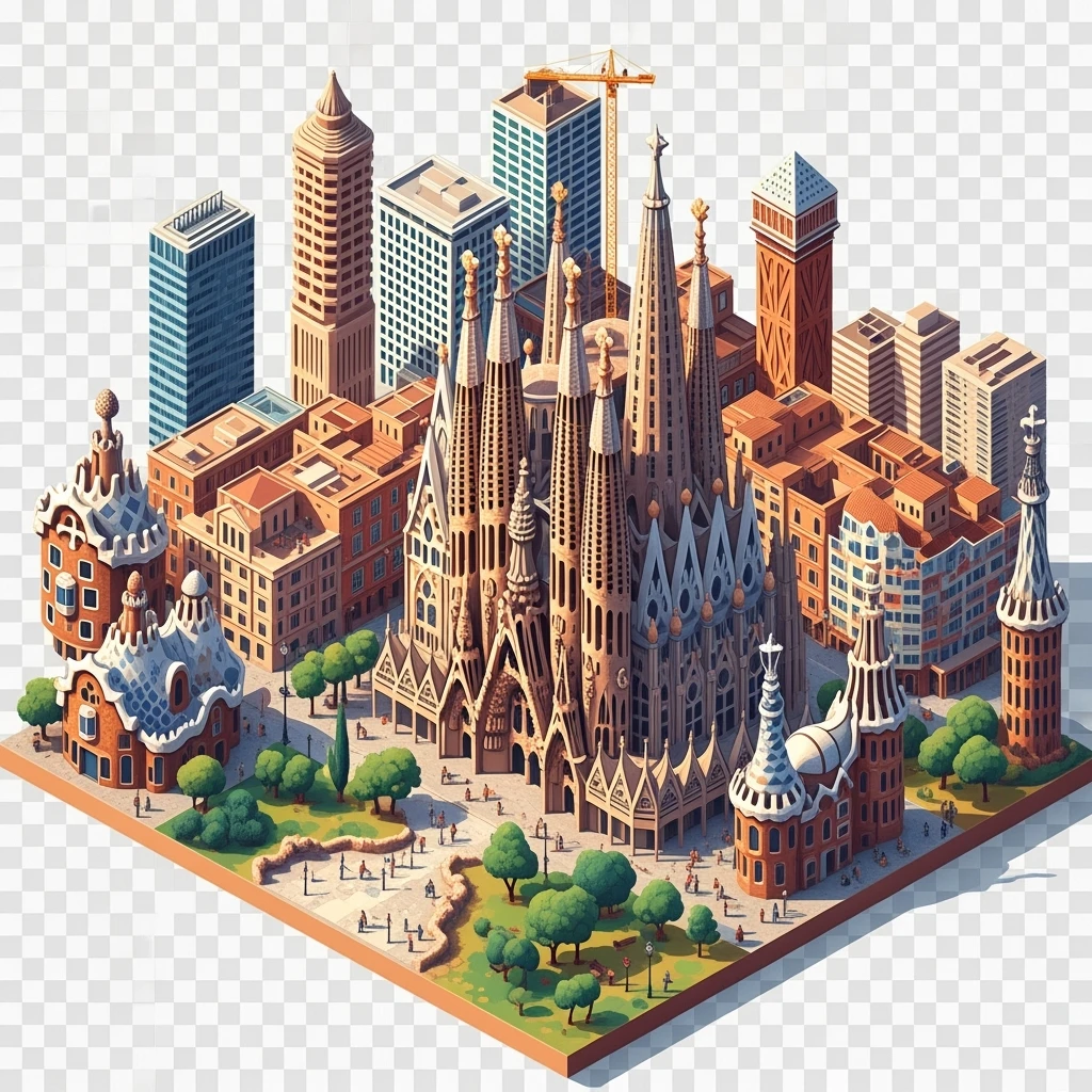 Isometric illustration of Barcelona, featuring Sagrada Familia with intricate spires, highly detailed in semi-realistic style, balanced between stylized and realistic, 3D miniature effect, transparent background. emoji