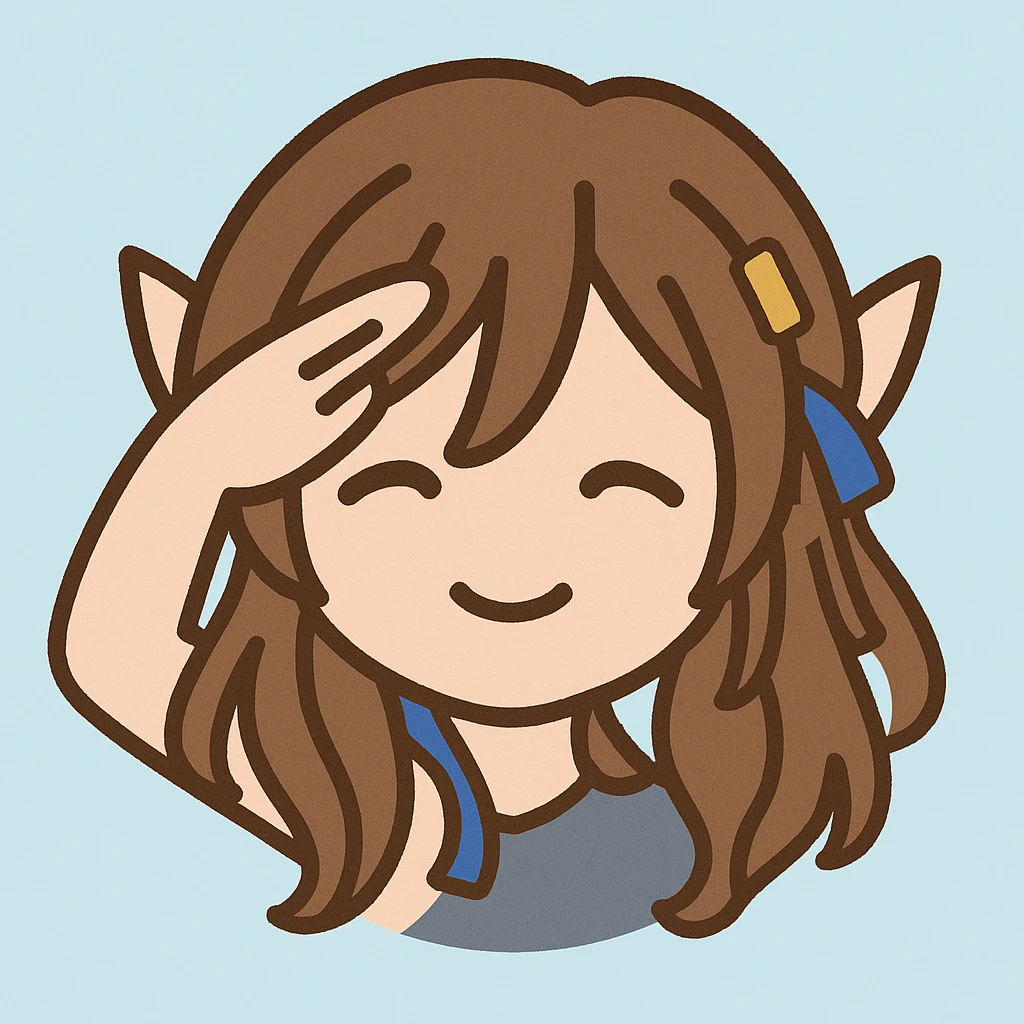 Create an emoji of a character saluting with right hand raised in military salute. Keep long brown hair, golden clips, blue ribbons, and pointy ears. Use a gentle pastel look. Remove the orange hand from the original image. Use a simple light blue background. Style should be emoji-like and simple. emoji