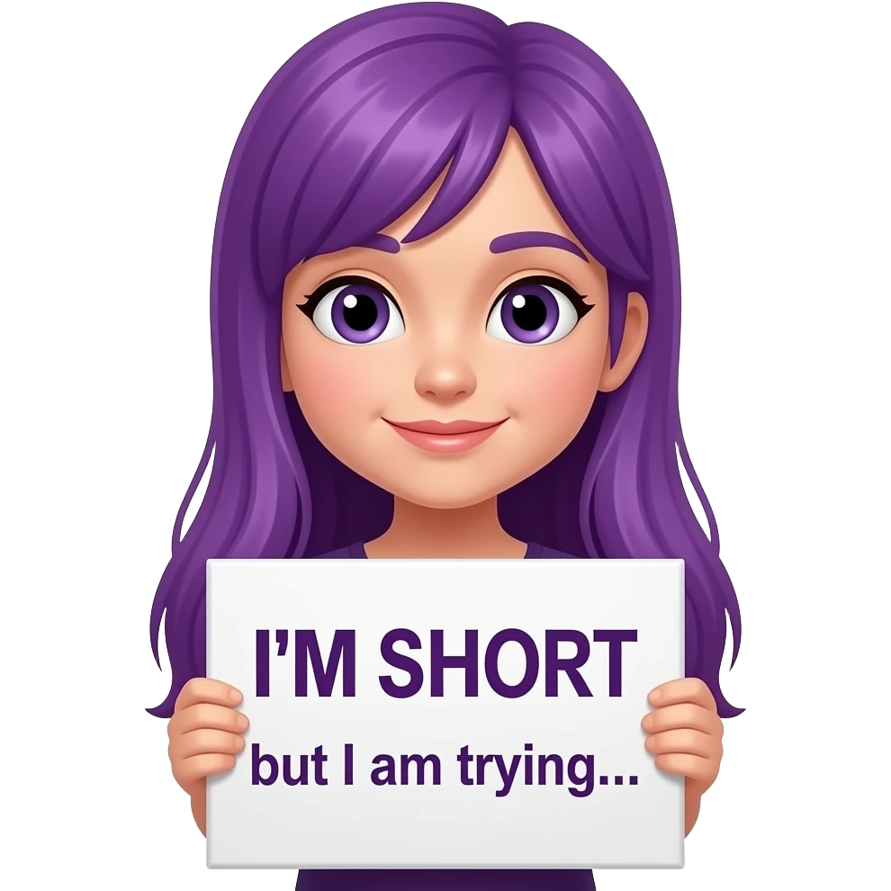 girl with long purple hair holding a I'M SHORT but I am trying... sign emoji